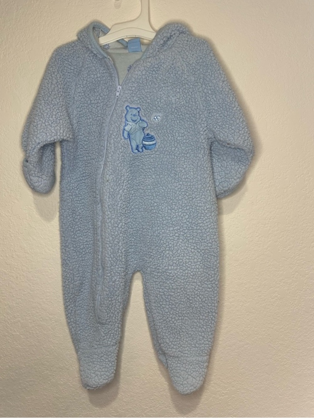 Y2K Disney Winnie the Pooh Blue Sherpa One-Piece Baby Romper with Hood 6-9 Month